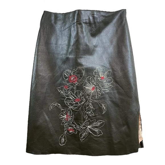 St Vincent Genuine Lambskin Leather Embroidered Floral Skirt Dark Olive Size 8 - Picture 1 of 7